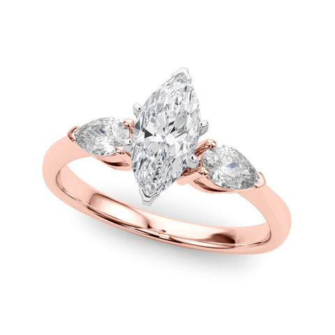 Rose gold Three-Stone Marquise Diamond Ring with Pear Side Stones on a Platinum Band with Four-Prong Setting