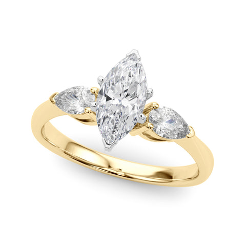 Yellow gold Three-Stone Marquise Diamond Ring with Pear Side Stones on a Platinum Band with Four-Prong Setting