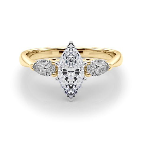 Yellow gold Three-Stone Marquise Diamond Ring with Pear Side Stones on a Platinum Band with Four-Prong Setting