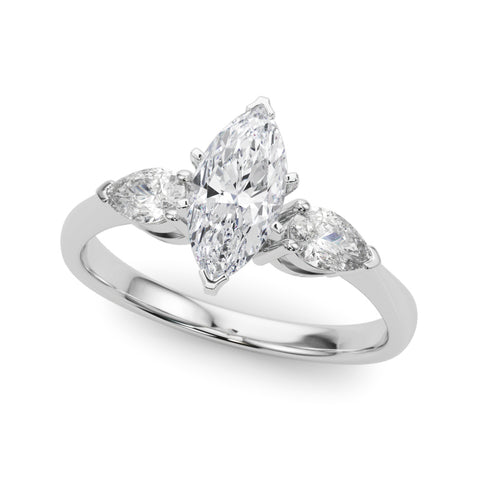 White gold Three-Stone Marquise Diamond Ring with Pear Side Stones on a Platinum Band with Four-Prong Setting