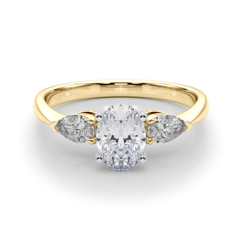 Yellow gold Three-Stone Oval Diamond Ring with Pear Side Stones on a Platinum Band with Four-Prong Setting