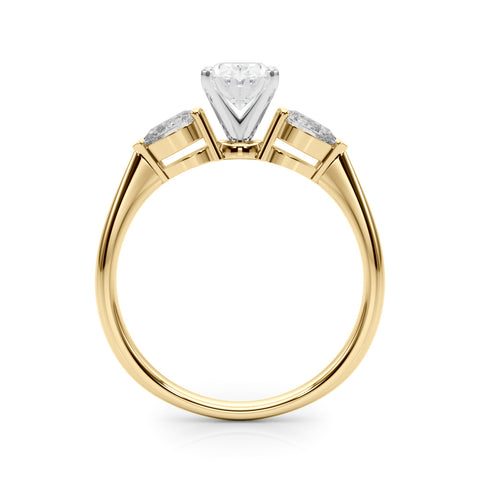 Yellow gold Three-Stone Oval Diamond Ring with Pear Side Stones on a Platinum Band with Four-Prong Setting