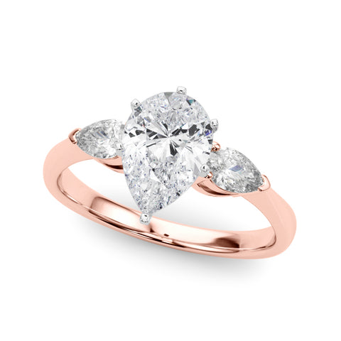 Rose gold Three-Stone Pear Diamond Ring with Pear Side Stones on a Platinum Band with Four-Prong Setting