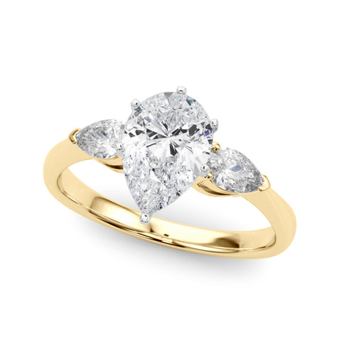 Yellow gold Three-Stone Pear Diamond Ring with Pear Side Stones on a Platinum Band with Four-Prong Setting