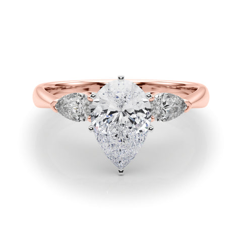 Rose gold Three-Stone Pear Diamond Ring with Pear Side Stones on a Platinum Band with Four-Prong Setting