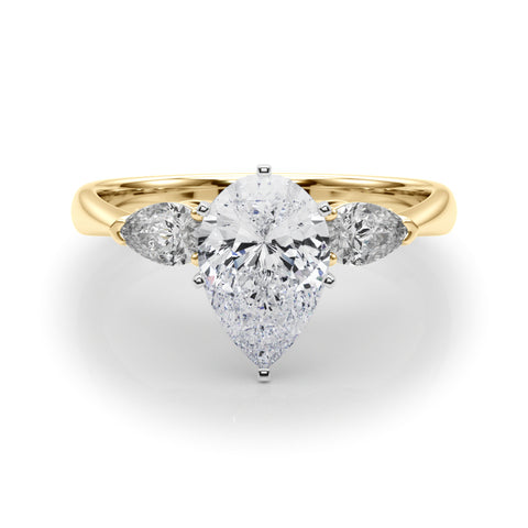 Yellow gold Three-Stone Pear Diamond Ring with Pear Side Stones on a Platinum Band with Four-Prong Setting