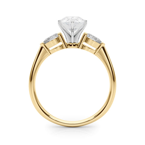 Yellow gold Three-Stone Pear Diamond Ring with Pear Side Stones on a Platinum Band with Four-Prong Setting