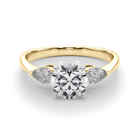 Yellow gold Three-Stone Round Diamond Ring with Pear Side Stones on a Platinum Band with Four-Prong Setting