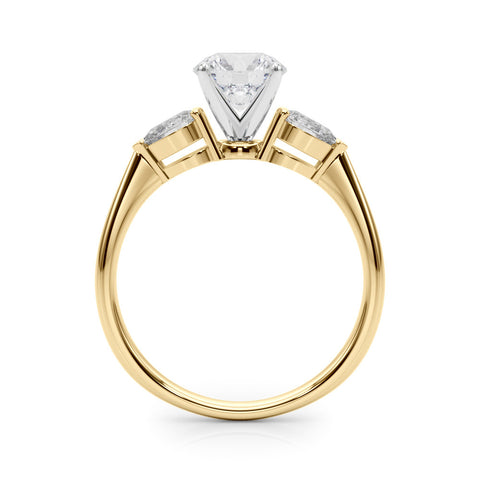 Yellow gold Three-Stone Round Diamond Ring with Pear Side Stones on a Platinum Band with Four-Prong Setting