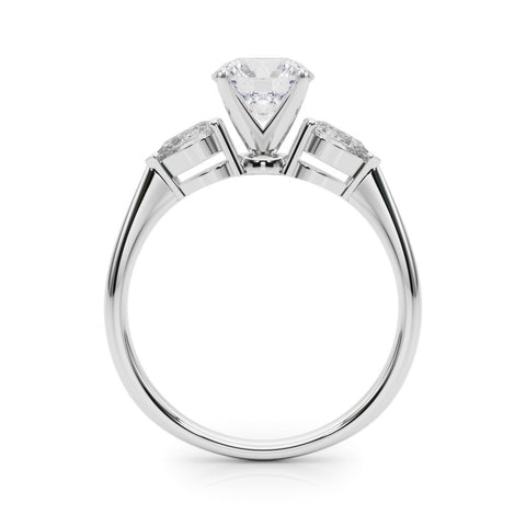 White gold Three-Stone Round Diamond Ring with Pear Side Stones on a Platinum Band with Four-Prong Setting