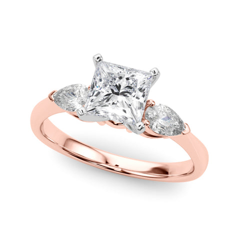 Rose gold Three-Stone Princess Diamond Ring with Pear Side Stones on a Platinum Band with Four-Prong Setting