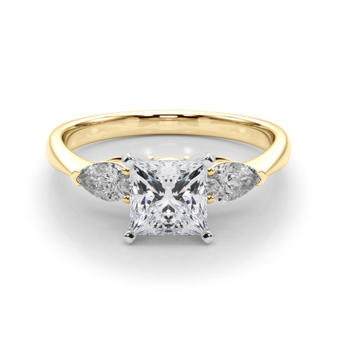 Yellow gold Three-Stone Princess Diamond Ring with Pear Side Stones on a Platinum Band with Four-Prong Setting