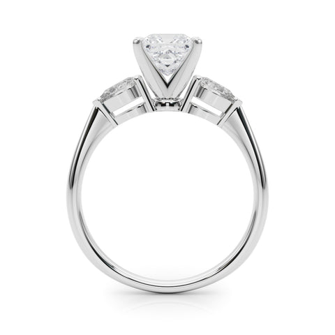 White gold Three-Stone Princess Diamond Ring with Pear Side Stones on a Platinum Band with Four-Prong Setting