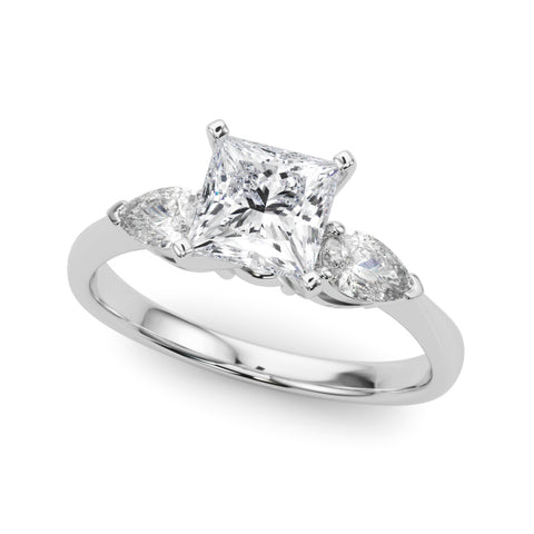 White gold Three-Stone Princess Diamond Ring with Pear Side Stones on a Platinum Band with Four-Prong Setting