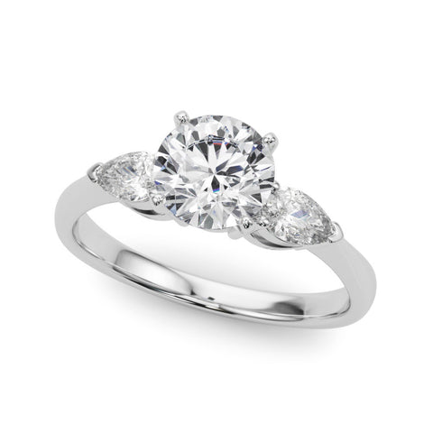 White gold Three-Stone Round Diamond Ring with Pear Side Stones on a Platinum Band with Four-Prong Setting