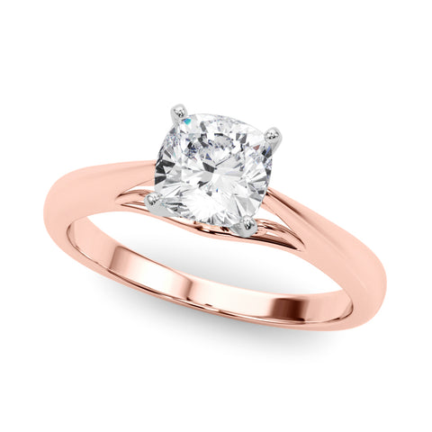 Rose gold Cushion Solitaire Diamond Engagement Ring with Cathedral Setting and Four-Prong Mount on a Classic Band