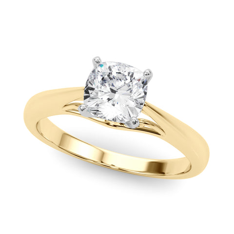 Yellow gold Cushion Solitaire Diamond Engagement Ring with Cathedral Setting and Four-Prong Mount on a Classic Band