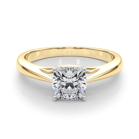 Yellow gold Cushion Solitaire Diamond Engagement Ring with Cathedral Setting and Four-Prong Mount on a Classic Band