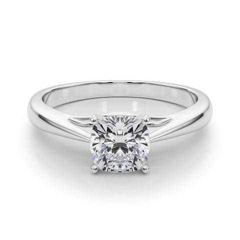 White gold Cushion Solitaire Diamond Engagement Ring with Cathedral Setting and Four-Prong Mount on a Classic Band