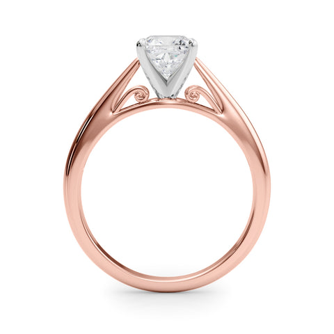 Rose gold Cushion Solitaire Diamond Engagement Ring with Cathedral Setting and Four-Prong Mount on a Classic Band