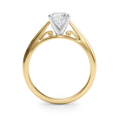 Yellow gold Cushion Solitaire Diamond Engagement Ring with Cathedral Setting and Four-Prong Mount on a Classic Band