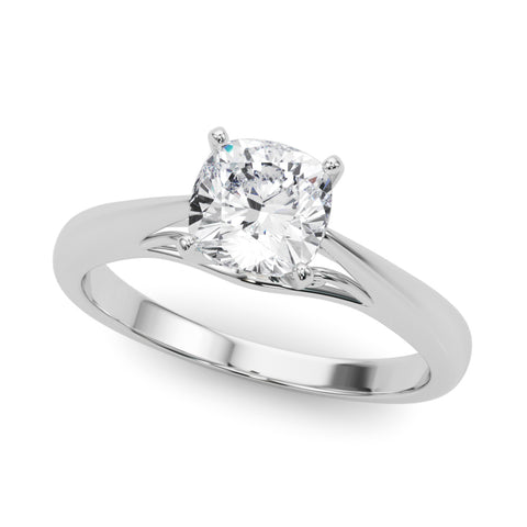 White gold Cushion Solitaire Diamond Engagement Ring with Cathedral Setting and Four-Prong Mount on a Classic Band