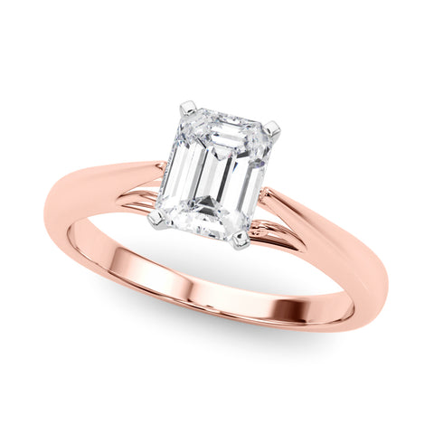 Rose gold Emerald Solitaire Diamond Engagement Ring with Cathedral Setting and Four-Prong Mount on a Classic Band