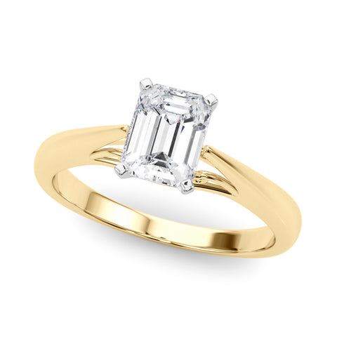 Yellow gold Emerald Solitaire Diamond Engagement Ring with Cathedral Setting and Four-Prong Mount on a Classic Band