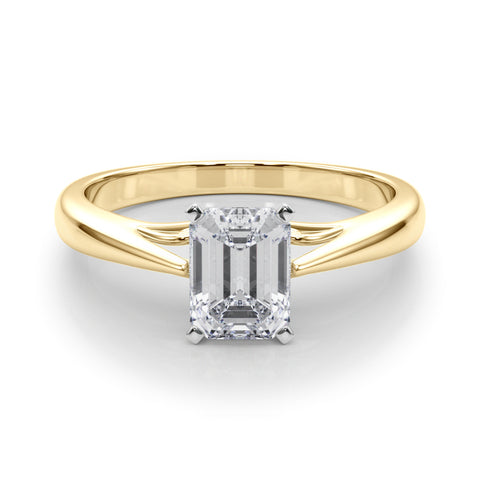 Yellow gold Emerald Solitaire Diamond Engagement Ring with Cathedral Setting and Four-Prong Mount on a Classic Band