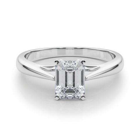 White gold Emerald Solitaire Diamond Engagement Ring with Cathedral Setting and Four-Prong Mount on a Classic Band