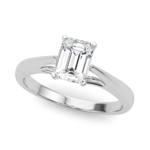 White gold Emerald Solitaire Diamond Engagement Ring with Cathedral Setting and Four-Prong Mount on a Classic Band