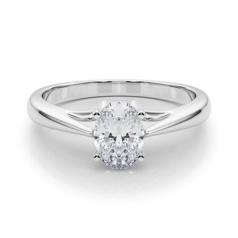 White gold Oval Solitaire Diamond Engagement Ring with Cathedral Setting and Four-Prong Mount on a Classic Band