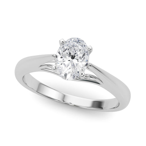 White gold Oval Solitaire Diamond Engagement Ring with Cathedral Setting and Four-Prong Mount on a Classic Band