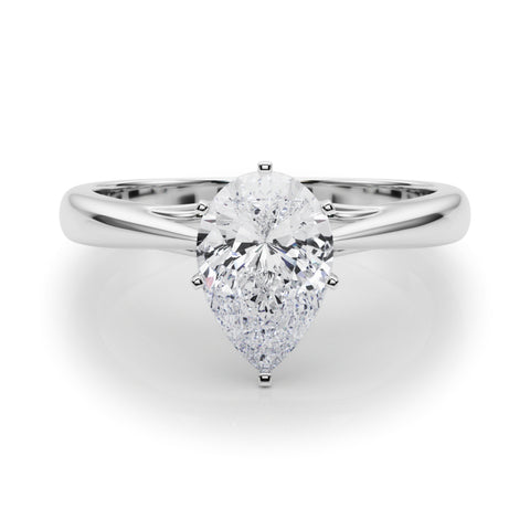 White gold Pear Solitaire Diamond Engagement Ring with Cathedral Setting and Four-Prong Mount on a Classic Band