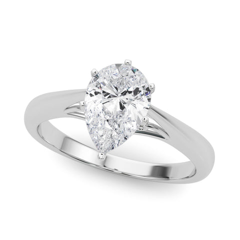 White gold Pear Solitaire Diamond Engagement Ring with Cathedral Setting and Four-Prong Mount on a Classic Band