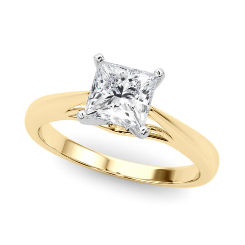 Yellow gold Princess Solitaire Diamond Engagement Ring with Cathedral Setting and Four-Prong Mount on a Classic Band