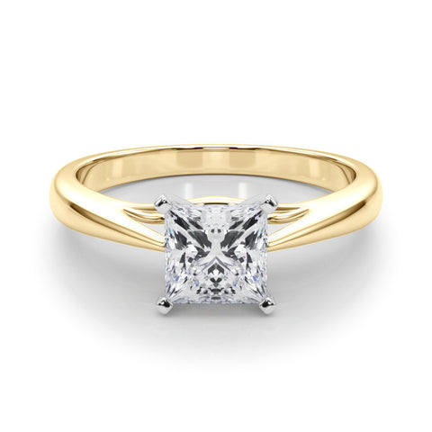 Yellow gold Princess Solitaire Diamond Engagement Ring with Cathedral Setting and Four-Prong Mount on a Classic Band