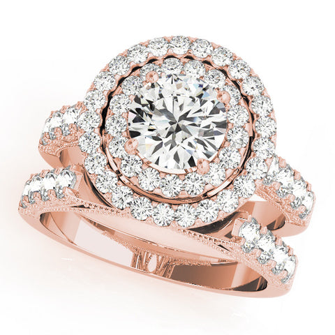 Rose gold Double Halo Round Diamond Pave Band Four-Prong Ring