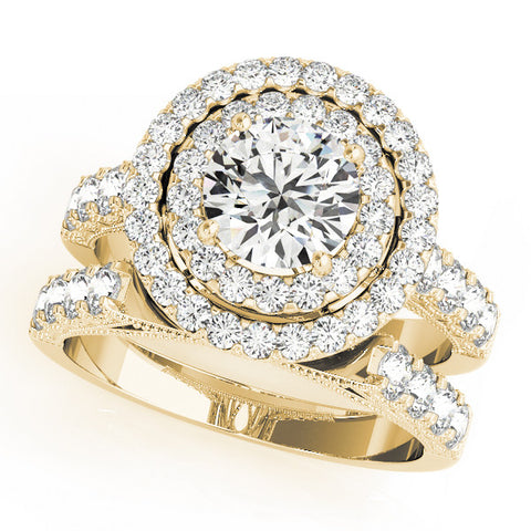 Yellow gold Double Halo Round Diamond Pave Band Four-Prong Ring