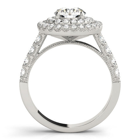 White gold Double Halo Round Diamond Pave Band Four-Prong Ring
