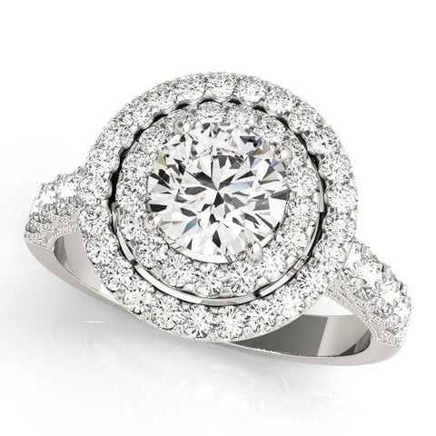 White gold Double Halo Round Diamond Pave Band Four-Prong Ring