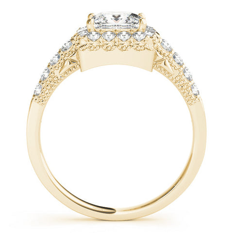 Yellow gold Princess Cut Halo Diamond Engagement Ring with Pavé Band and Four-Prong Setting