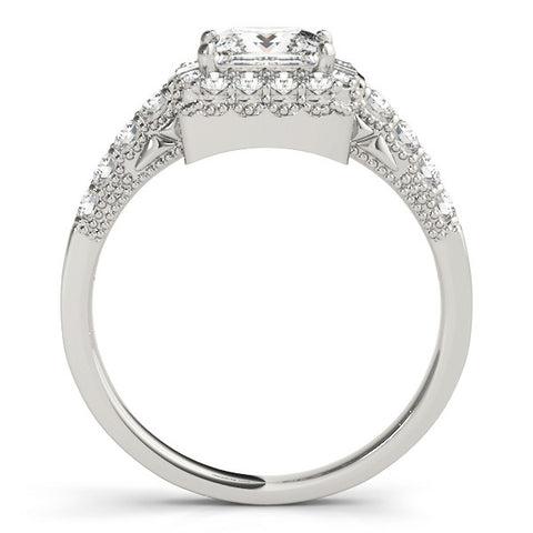White gold Princess Cut Halo Diamond Engagement Ring with Pavé Band and Four-Prong Setting