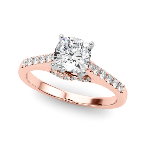 Rose gold Cushion Solitaire Diamond Ring with Pavé Band and Four-Prong Setting