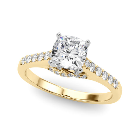 Yellow gold Cushion Solitaire Diamond Ring with Pavé Band and Four-Prong Setting