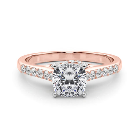 Rose gold Cushion Solitaire Diamond Ring with Pavé Band and Four-Prong Setting