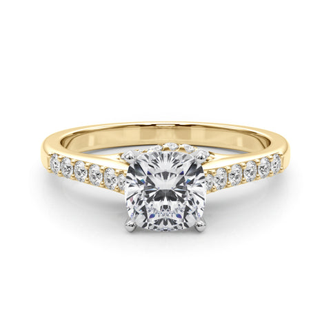 Yellow gold Cushion Solitaire Diamond Ring with Pavé Band and Four-Prong Setting