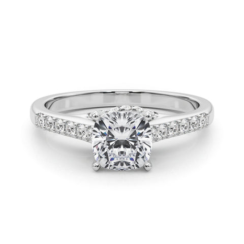 White gold Cushion Solitaire Diamond Ring with Pavé Band and Four-Prong Setting