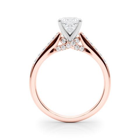 Rose gold Cushion Solitaire Diamond Ring with Pavé Band and Four-Prong Setting