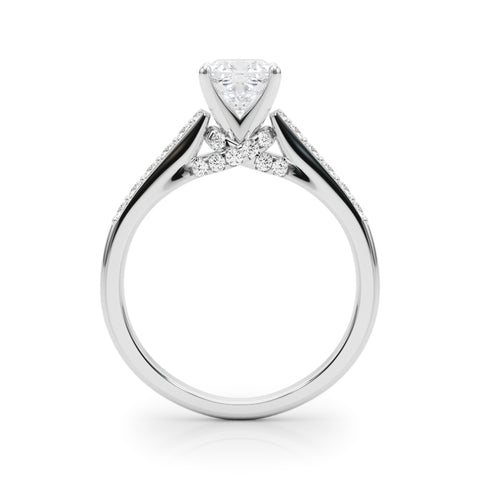 White gold Cushion Solitaire Diamond Ring with Pavé Band and Four-Prong Setting